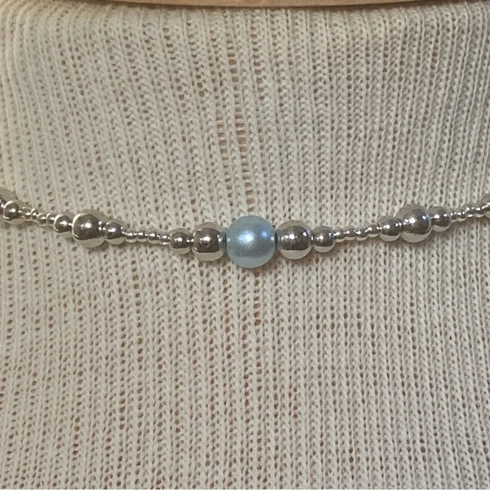Silver and Blue Faux Pearl Beaded Choker Necklace - Picture 2 of 2